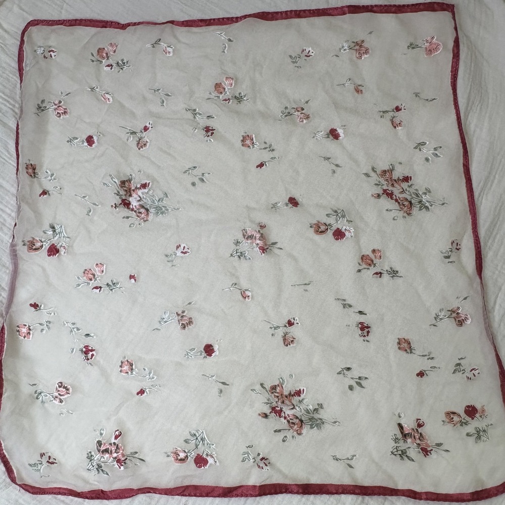 Floral Scarf Handkerchief Embroidered Sheer Silk Blend Cream Burgundy 20"